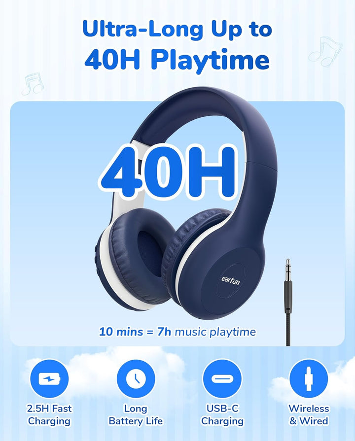EarFun Bluetooth Kopfhörer Kinder, 85/94dB Lautstärkeregelung, HiFi Sound, HD-Mikrofon, 40 Std Akku,