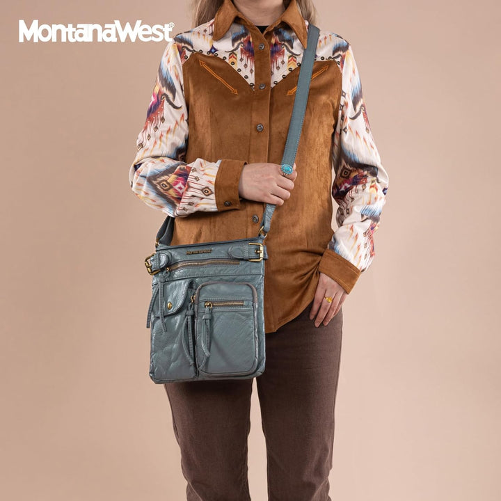 Montana West Damen Echtes Leder Tragetasche, Klassisch-blaue Jeans