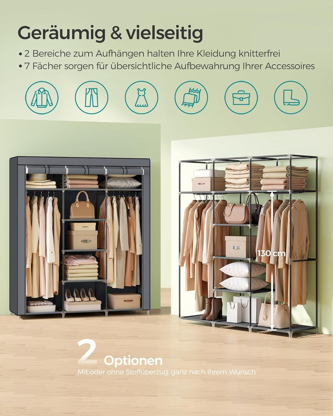 SONGMICS Kleiderschrank, Faltschrank, Stoffschrank, faltbare Garderobe mit 2 Kleiderstange, 175 x 15