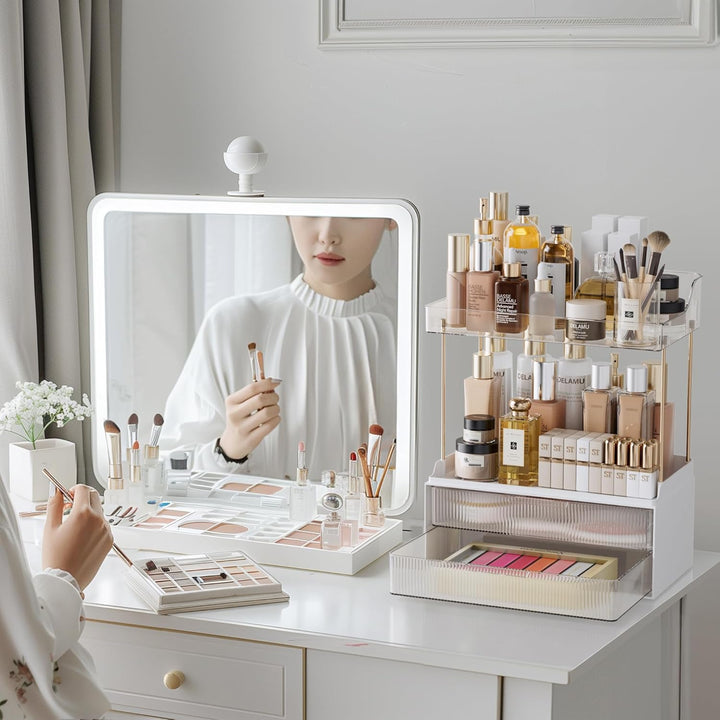 Delamu Make Up Organizer mit 2 Schubladen, 2 Etagen Kosmetik Organizer, Multifunktions Grösser Kosme