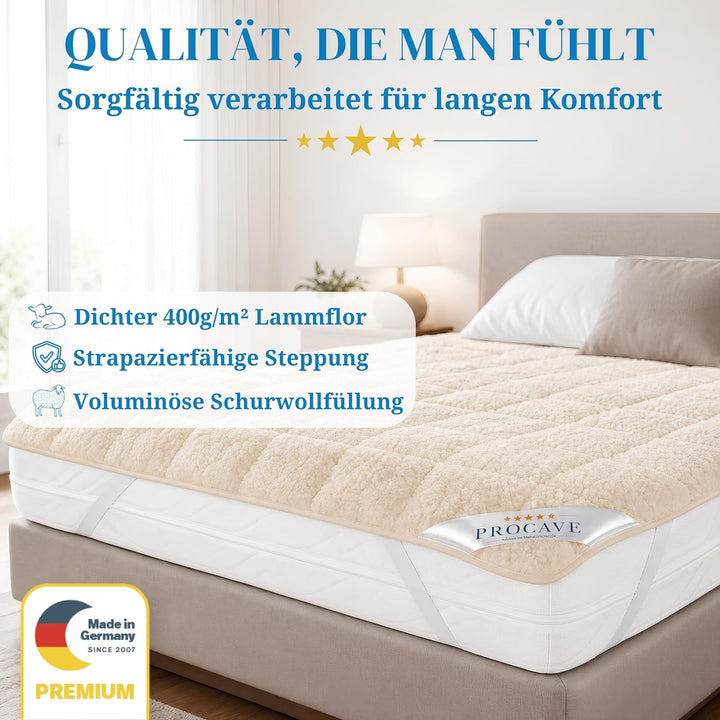 PROCAVE weiches Unterbett mit Lammflor und Schurwolle, hochwertige Matratzen-Topper, Matratzen-Schon