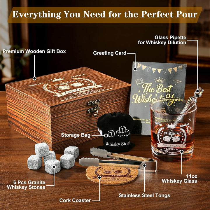 exreizst Geburtstagsgeschenk für Männer – Whiskyglas-Set mit Holzbox, Granitsteinen, Pipette & Zange