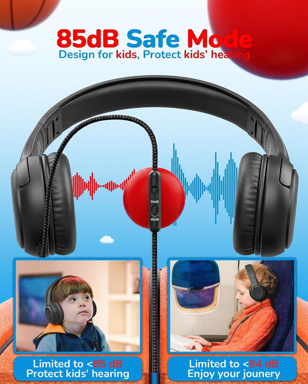 awatrue Kinder Kopfhörer, Kabel Kinderkopfhörer mit Mikrofon, Over Ear Kopfhörer Kinder für Schule/R