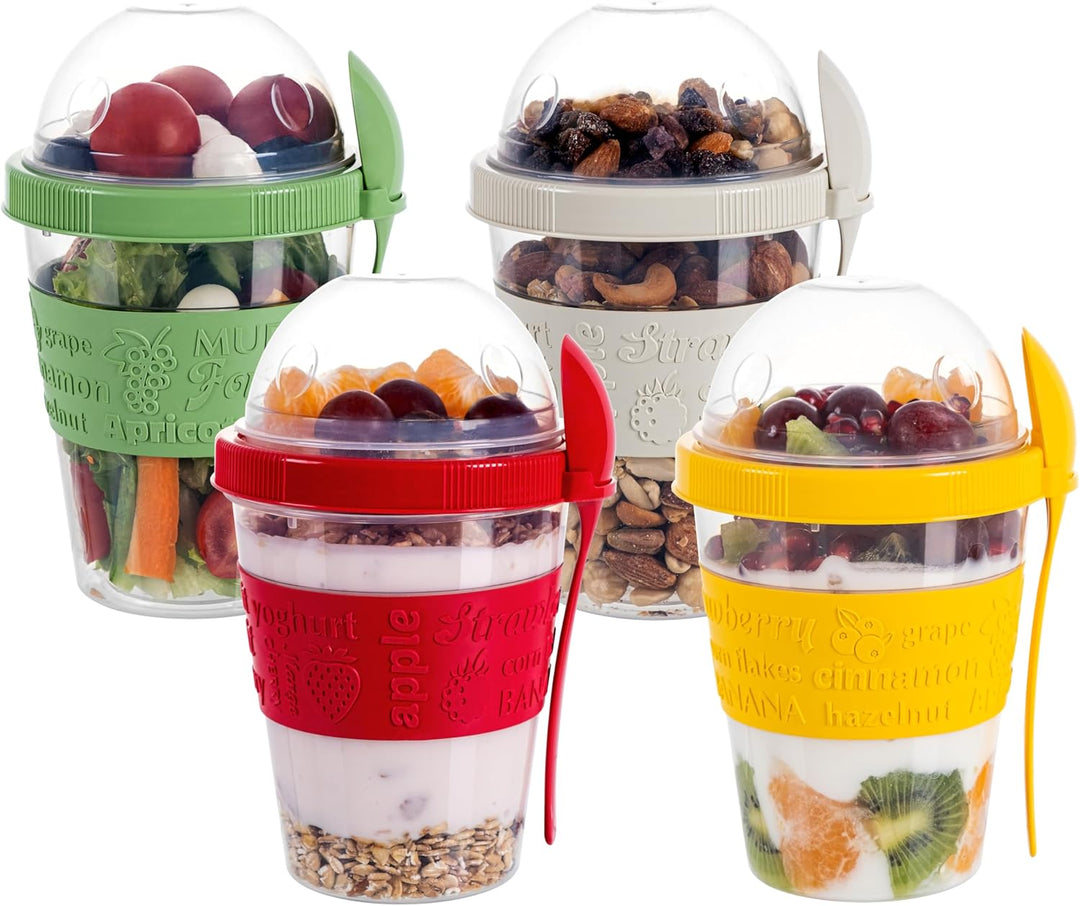 spar-home® 4er Set Joghurtbecher To Go 600ml –Müslibecher To Go mit Löffel Müsli To Go Becher mit De