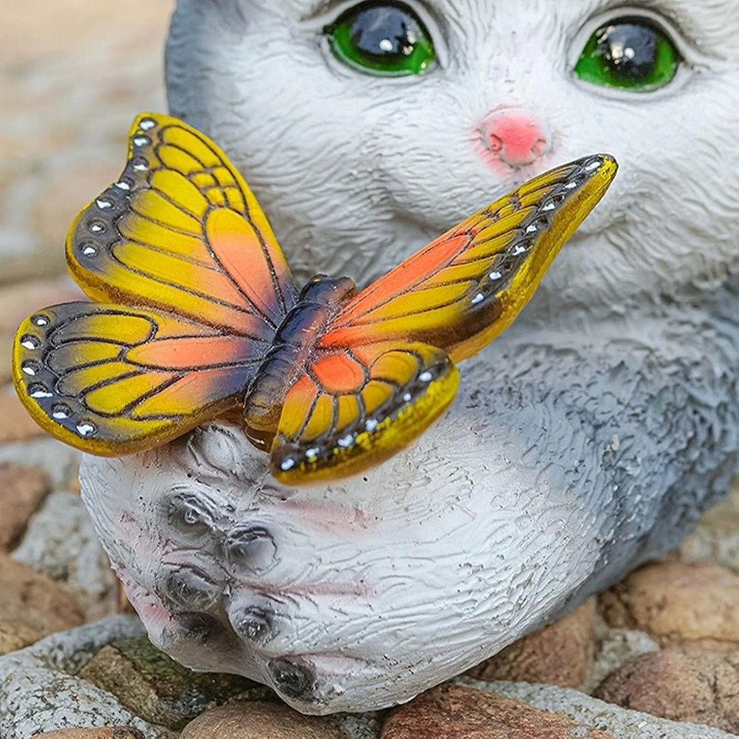Katzen Deko Gartenfiguren mit Schmetterlinge LED Solarlampen, Wetterfest Solar-Katzenstatue für Drau