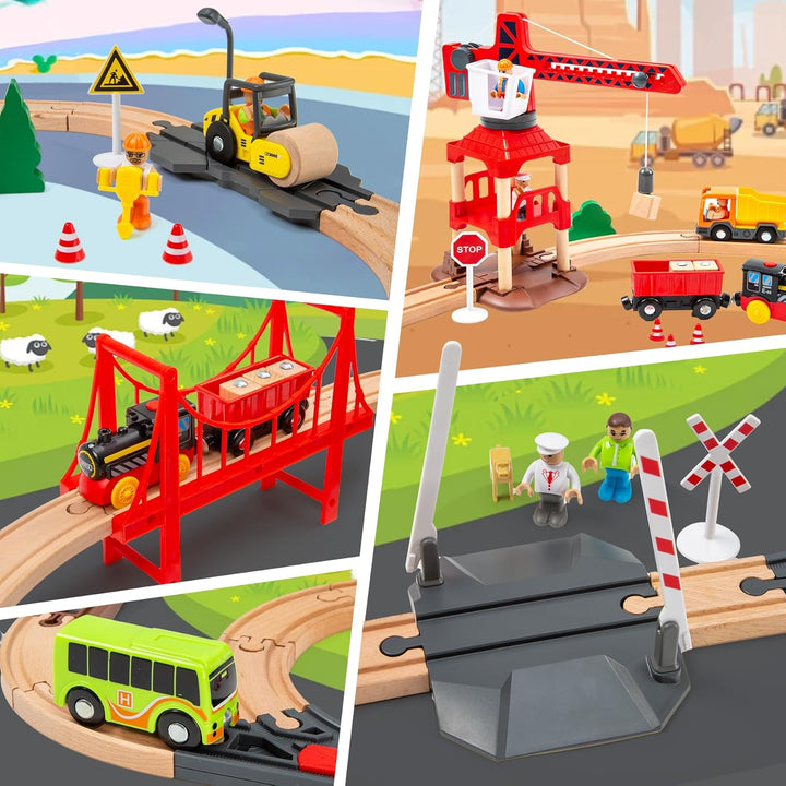 86PCS Holzeisenbahn Set mit Kran, Eisenbahn Holz mit Kran Spielzeug, Holz Eisenbahn Kinder, Passend