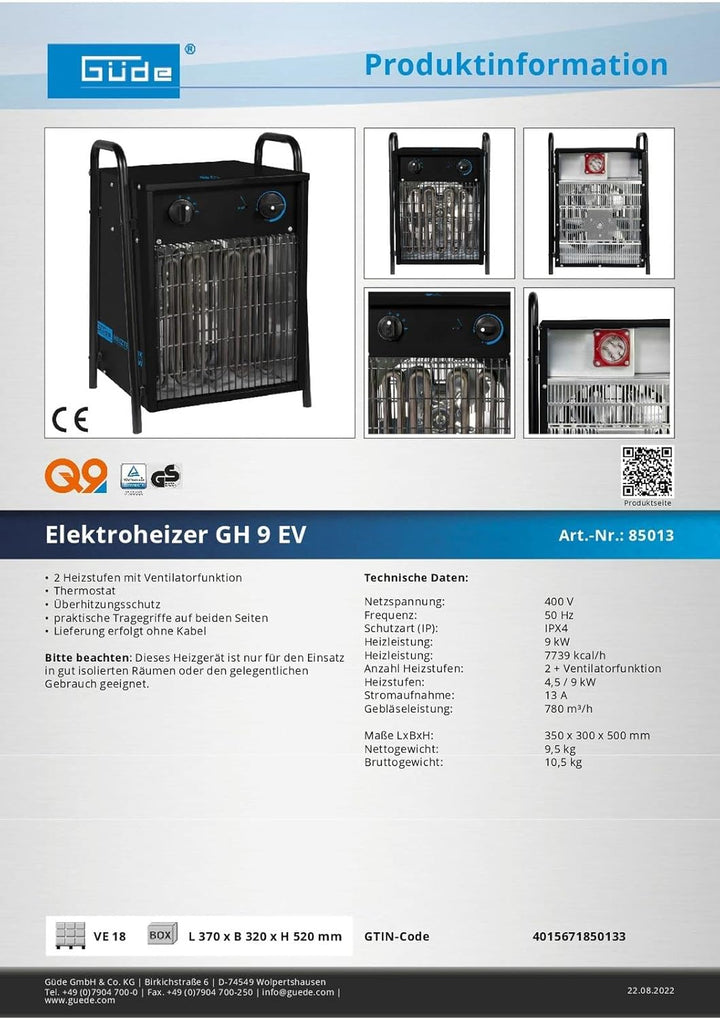 Güde 85013 Elektroheizer GH 9 EV 4.5 kW, Blau