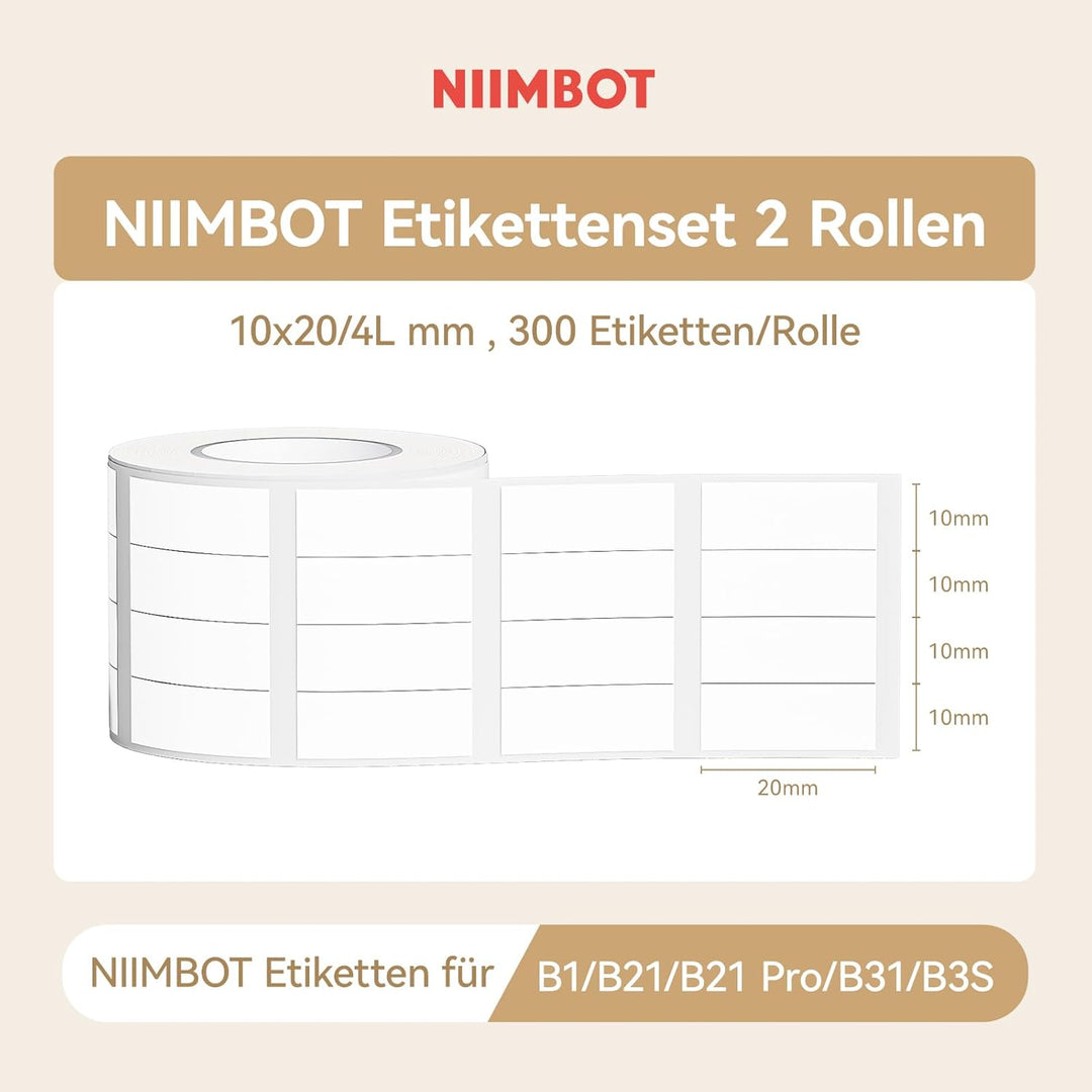NIIMBOT Etiketten für B1 B1Pro B2 B2Pro B21 B21Pro B31 B3S K3 Etikettendrucker, 10 * 20mm/4L 300 Eti