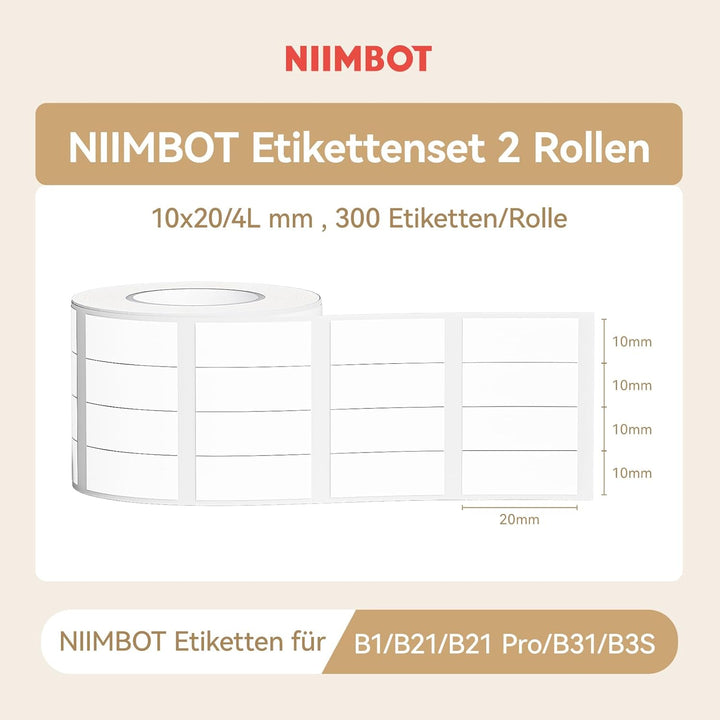 NIIMBOT Etiketten für B1 B1Pro B2 B2Pro B21 B21Pro B31 B3S K3 Etikettendrucker, 10 * 20mm/4L 300 Eti