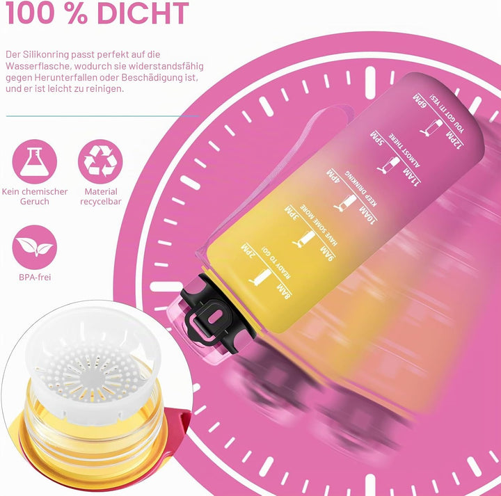 HoneyHolly Trinkflasche 1500ML, Auslaufsicher mit Zeitmarkierung, Water Bottle, Trinkflaschen mit Fi