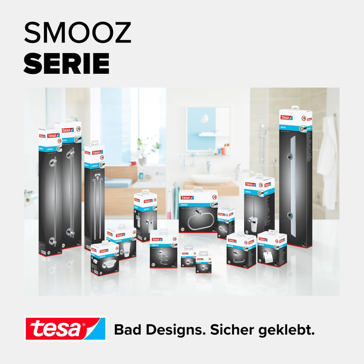 tesa SMOOZ Bad Handtuchhalter, 2-armig und schwenkbar, verchromt - zur Wandbefestigung ohne Bohren,