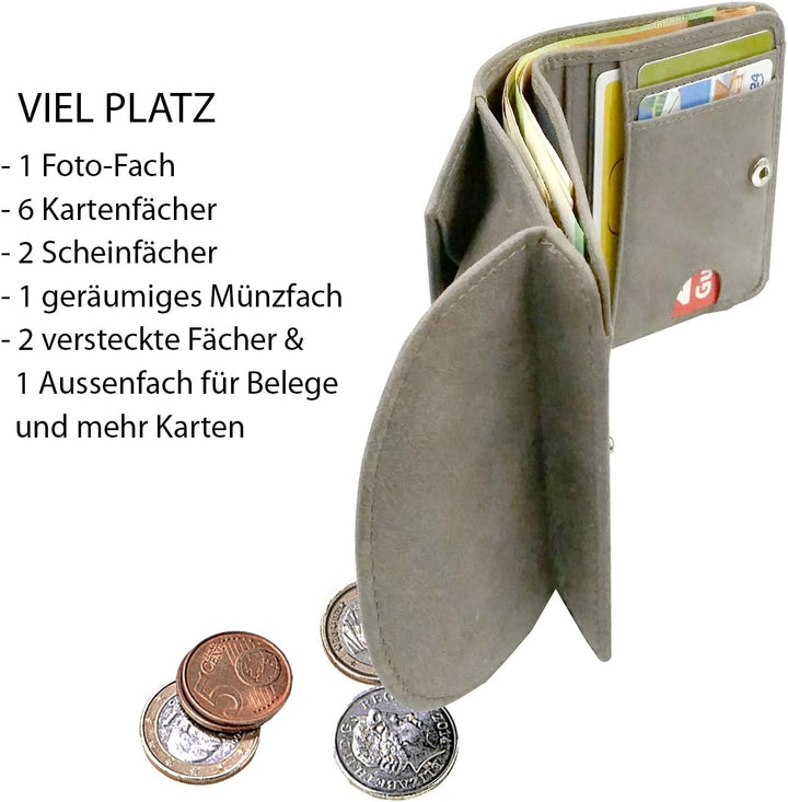 Geldbörse Damen klein viele Fächer, Reise Portemonnaie, Leder grau, RFID Blocker, Münzfach | Wiener