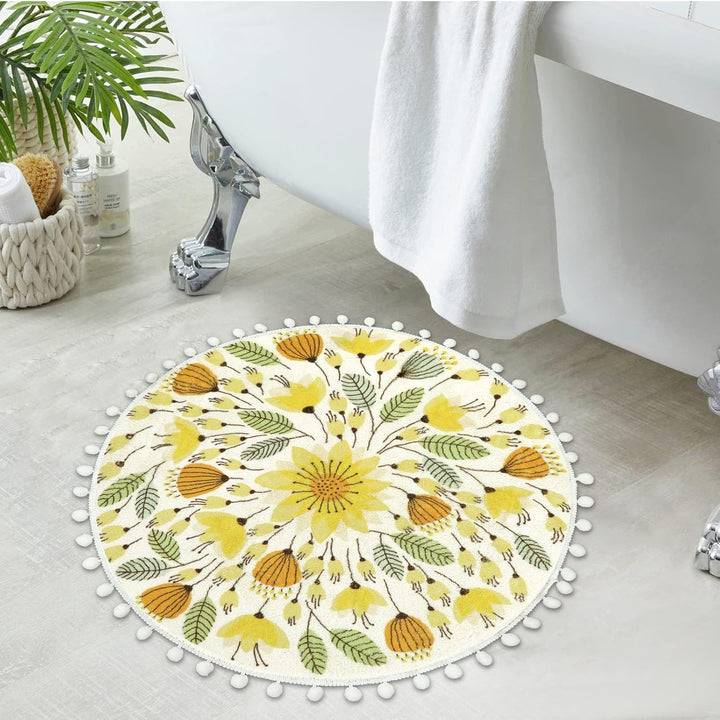 Uphome Runder Teppich, 51 cm, niedlicher Badteppich mit Pompons, Fransen, Blumenmuster, waschbar, Ba