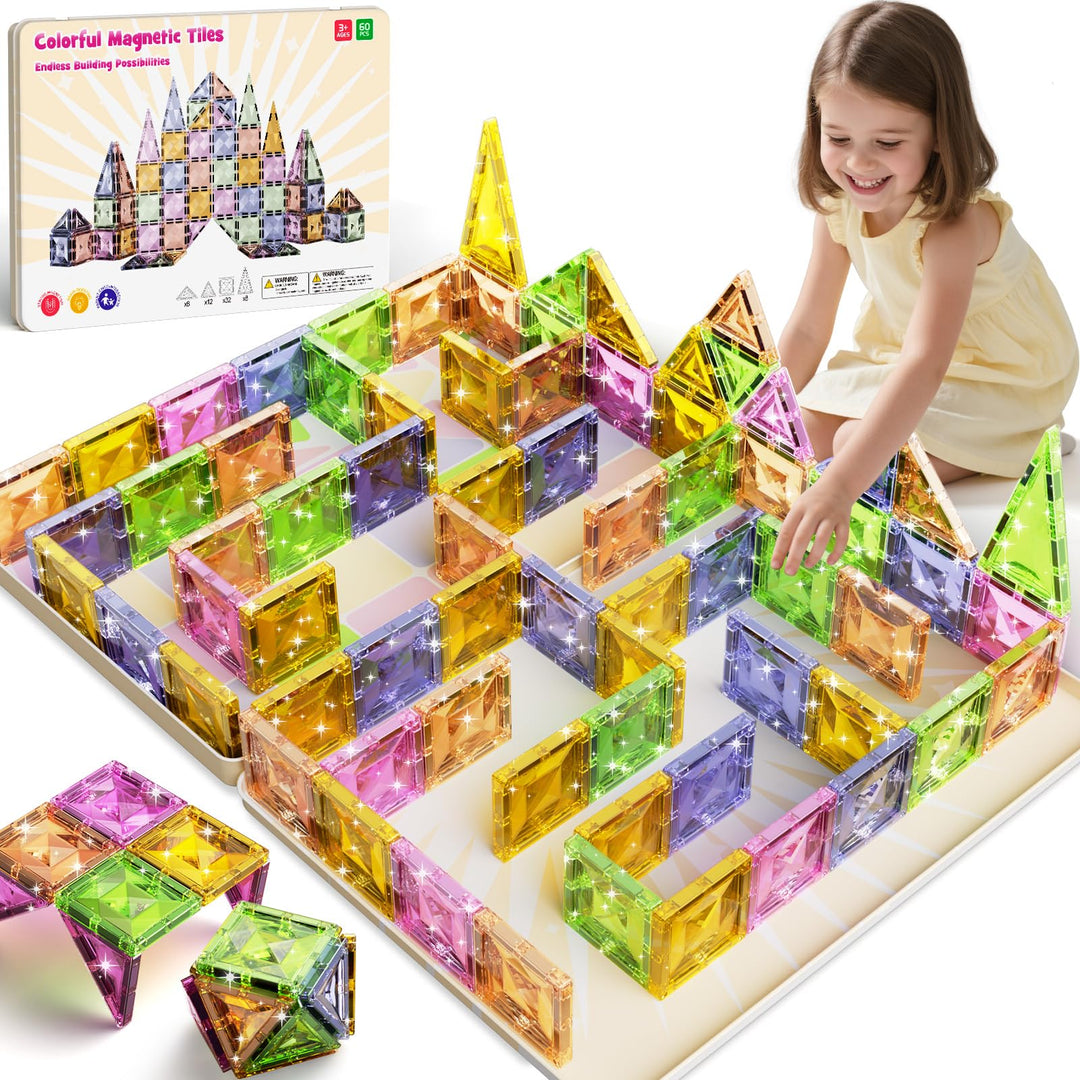 Magnetische Bausteine, 60 Teile Magnetspielzeug Tiles Magnetbausteine Kinder mit grossem Eisenkasten