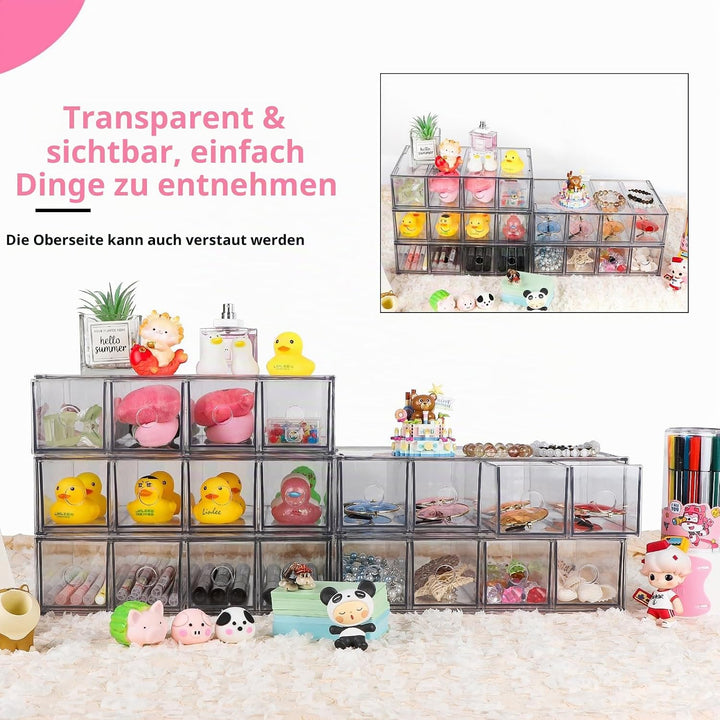 4 Stück Schubladenorganizer mit 16 Fächern Schubladenbox Stapelbar Schreibtisch-Organizer mit Heraus