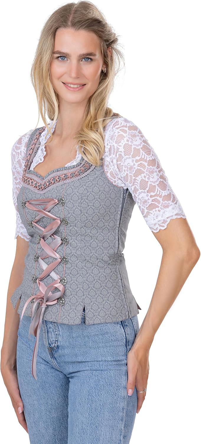 Exklusives Designer Trachten Mieder - Korsage grau/Altrosa – Jaquard & Satin Trachtenmieder Luise 32