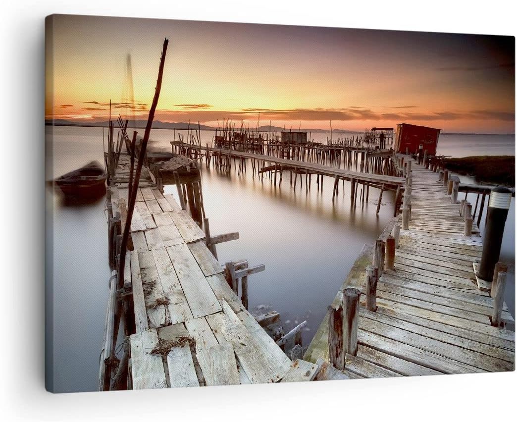 Bilder auf Leinwand Brücke Boot Meer Leinwandbild mit Rahmen 70x50cm Wandbilder Dekoration Wohnzimme