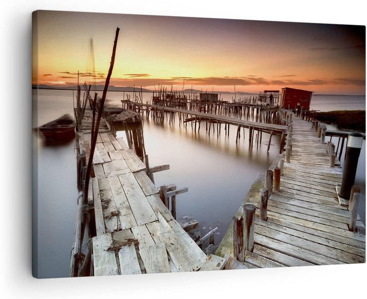 Bilder auf Leinwand Brücke Boot Meer Leinwandbild mit Rahmen 70x50cm Wandbilder Dekoration Wohnzimme