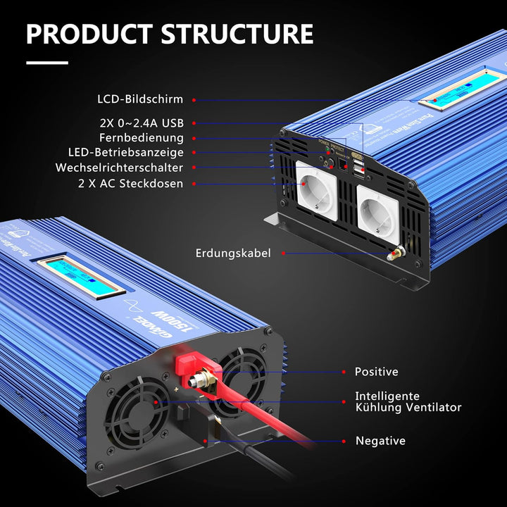 Reiner Sinus Wechselrichter 1500W Spannungswandler 12V auf 230V Power Inverter mit 2 AC-Steckdosen 2