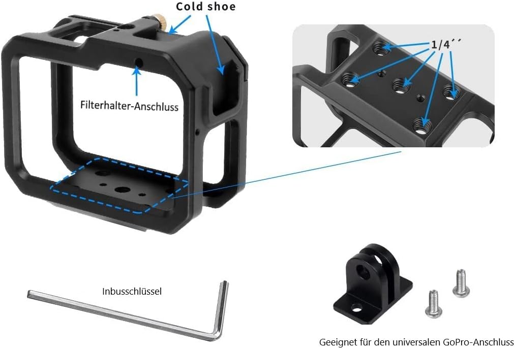 Schutzgehäuse Schutzrahmen Cage Passend für GoPro Hero 9, 10 &amp; 11 - Stabiler Cage mit 2 Hot-Shoe-Ans