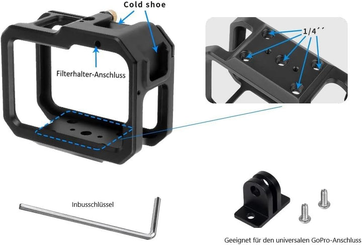 Schutzgehäuse Schutzrahmen Cage Passend für GoPro Hero 9, 10 &amp; 11 - Stabiler Cage mit 2 Hot-Shoe-Ans