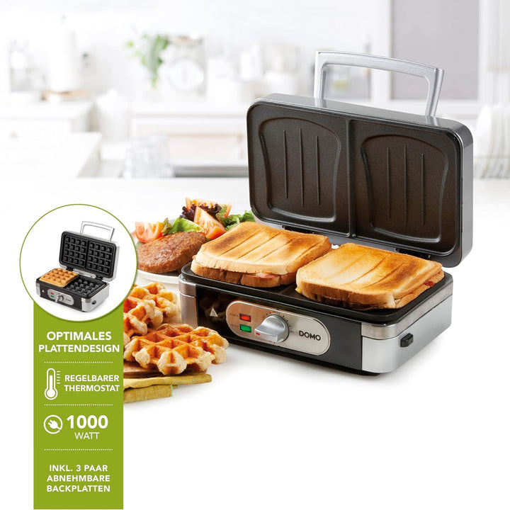Domo DO9136C Sandwichtoaster 3-in-1, 1 Liter, Silber, Schwarz