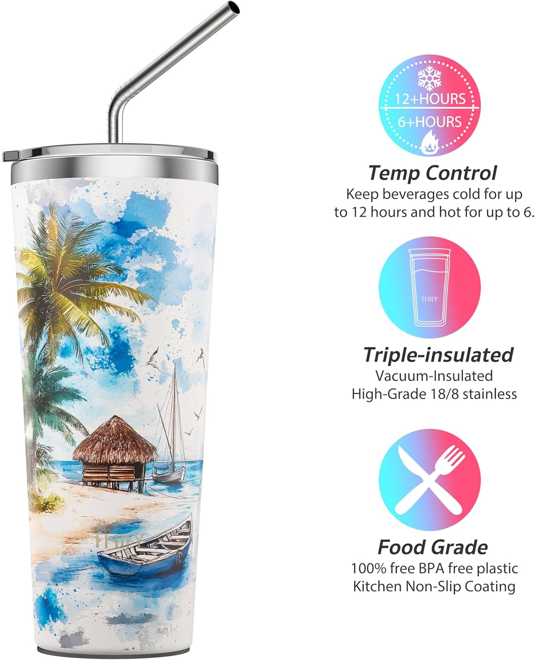 Vakuum-Isolierter Edelstahlbecher - THILY Reisebecher 780 ml Kaffeetasse mit 2 Deckeln und Strohhalm