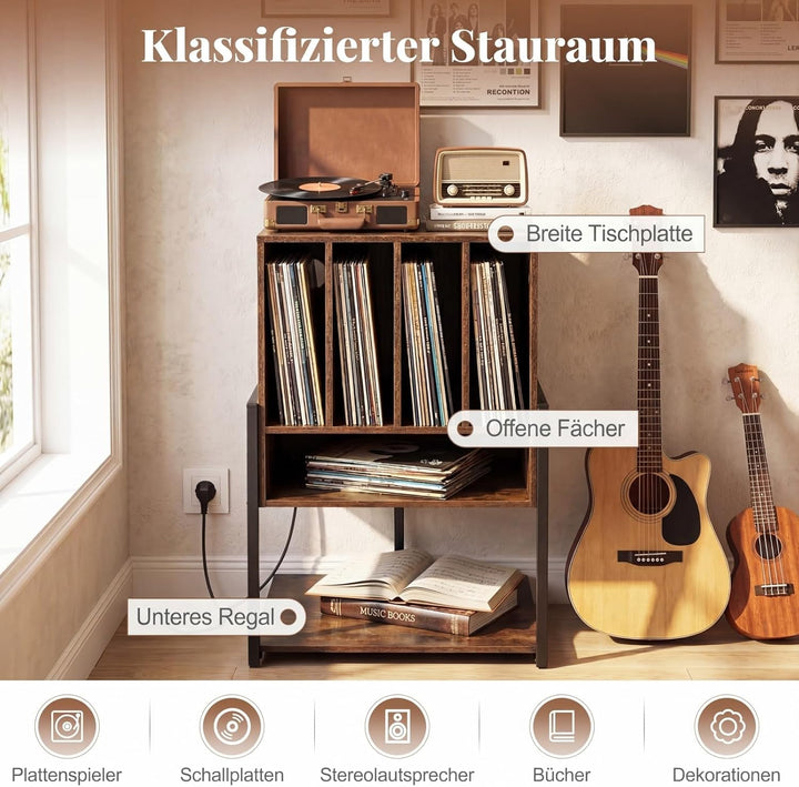 COSTWAY Plattenspielerständer, Vinyl Schallplattentisch mit Ladestation, breite Tischplatte, 4 Trenn