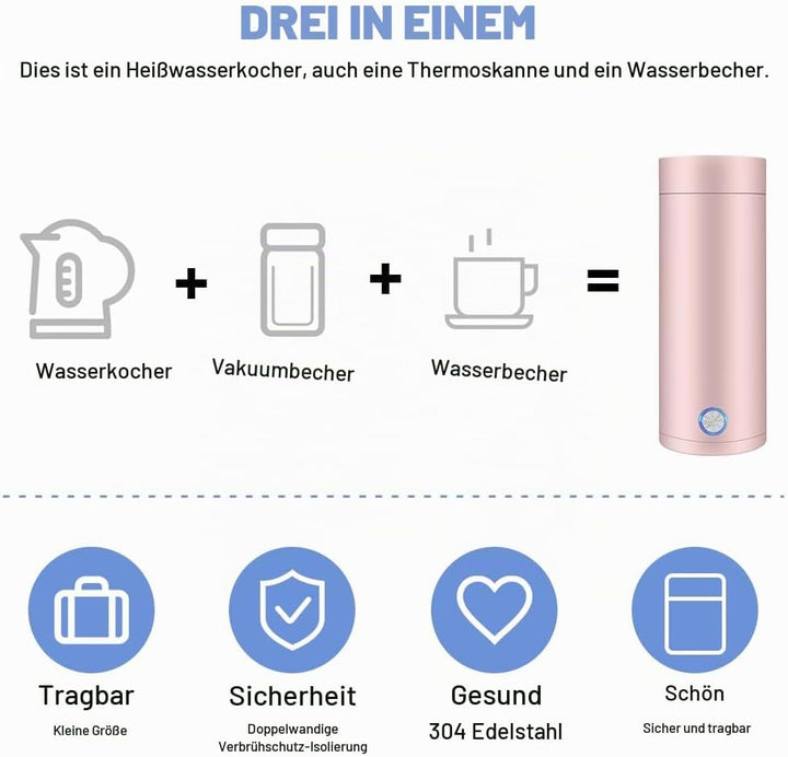 Aoreun Kleiner Tragbarer Wasserkocher, 400ml Tragbarer Elektrischer Wasserkocher, Mini Thermoskanne