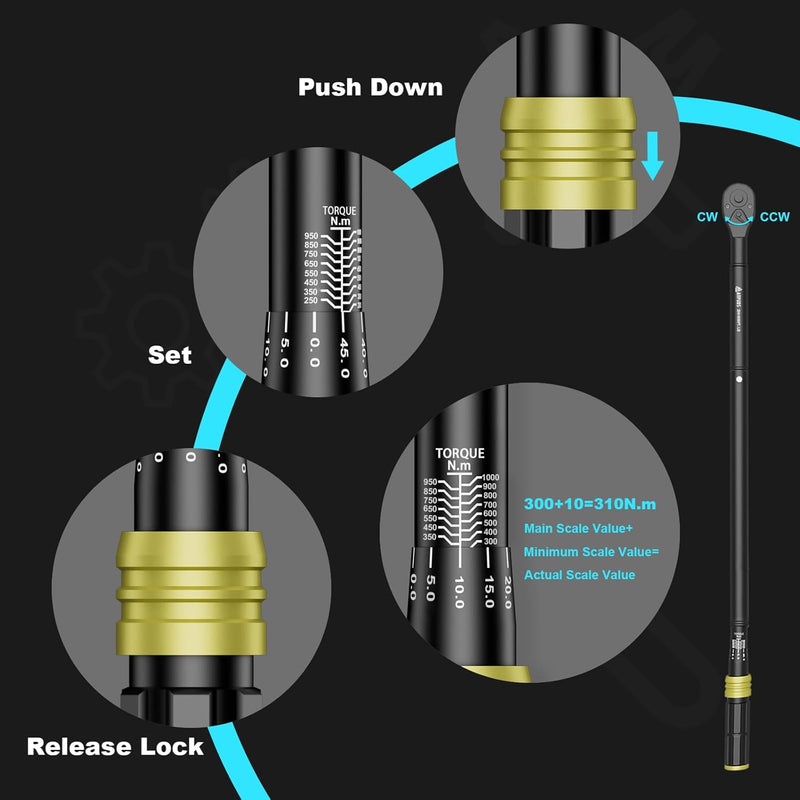 ANPUDS Drehmomentschlüssel 3/4 Zoll, 200-1000 Nm Drehmomentschlüssel, ±3% Fehlergenauigkeit mit 48 Z