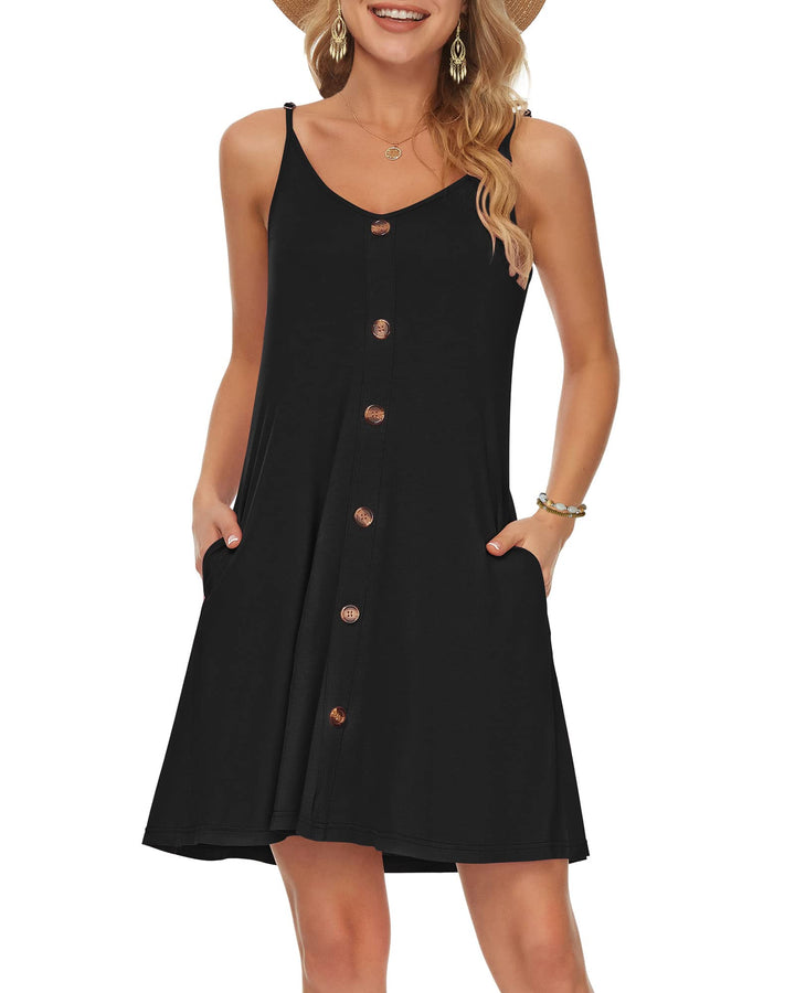WNEEDU Damen Kleid Sommer Spaghettiträger Sommerkleid Kurze Strandkleider V Ausschnitt Leichte Freiz