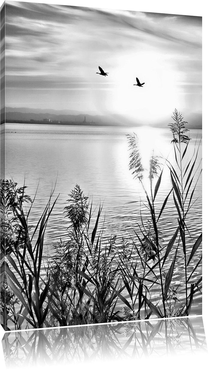 Pixxprint Sonnenuntergang am See / 100x70cm Leinwandbild bespannt auf Holzrahmen/Wandbild Kunstdruck