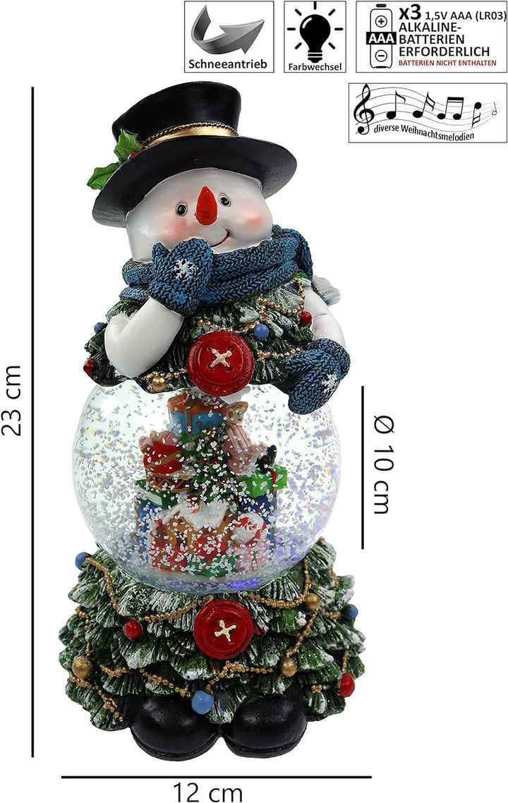 Schneekugel/Spieluhr 100mm, Schneemann und geschmückter Tannenbaum, Licht, Schneeantrieb, 23cm