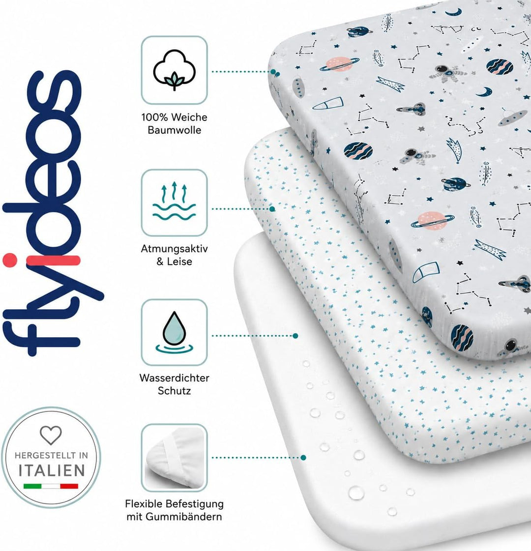 FlyIdeas Spannbettlaken 60x120 cm fur Babybett, 3 STK. - 100% Reine und Sanft Baumwolle - 2 Spannbet