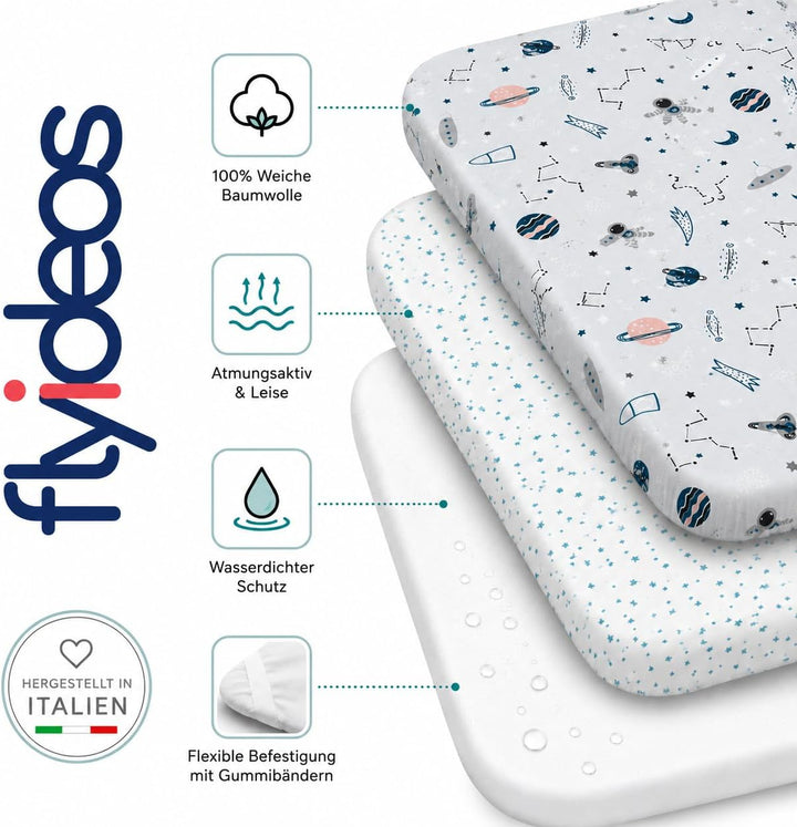 FlyIdeas Spannbettlaken 60x120 cm fur Babybett, 3 STK. - 100% Reine und Sanft Baumwolle - 2 Spannbet