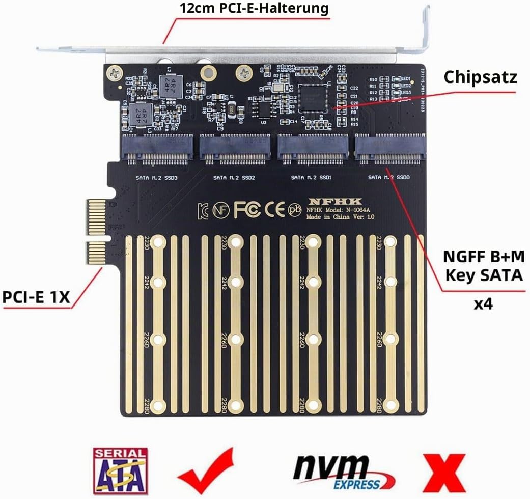 chenyang M.2 SSD auf PCI-E X1 Adapter 4 SATA NGFF SSD auf PCI-E X1 Erweiterungskartenadapter mit 12c