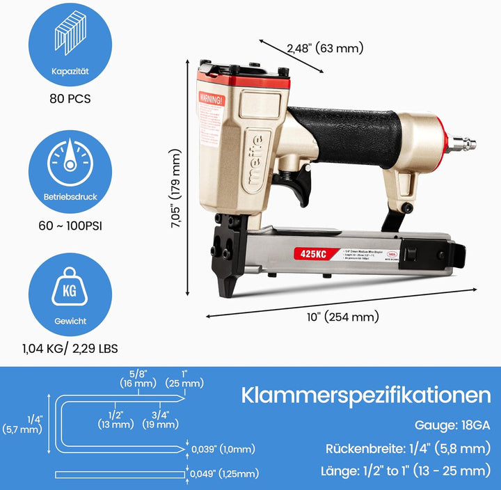 meite 425KC Drucklufttacker 18 GA, für Typ 90 Klammern und Schmalrückenklammern 13–25 mm, 5,7 mm Kro