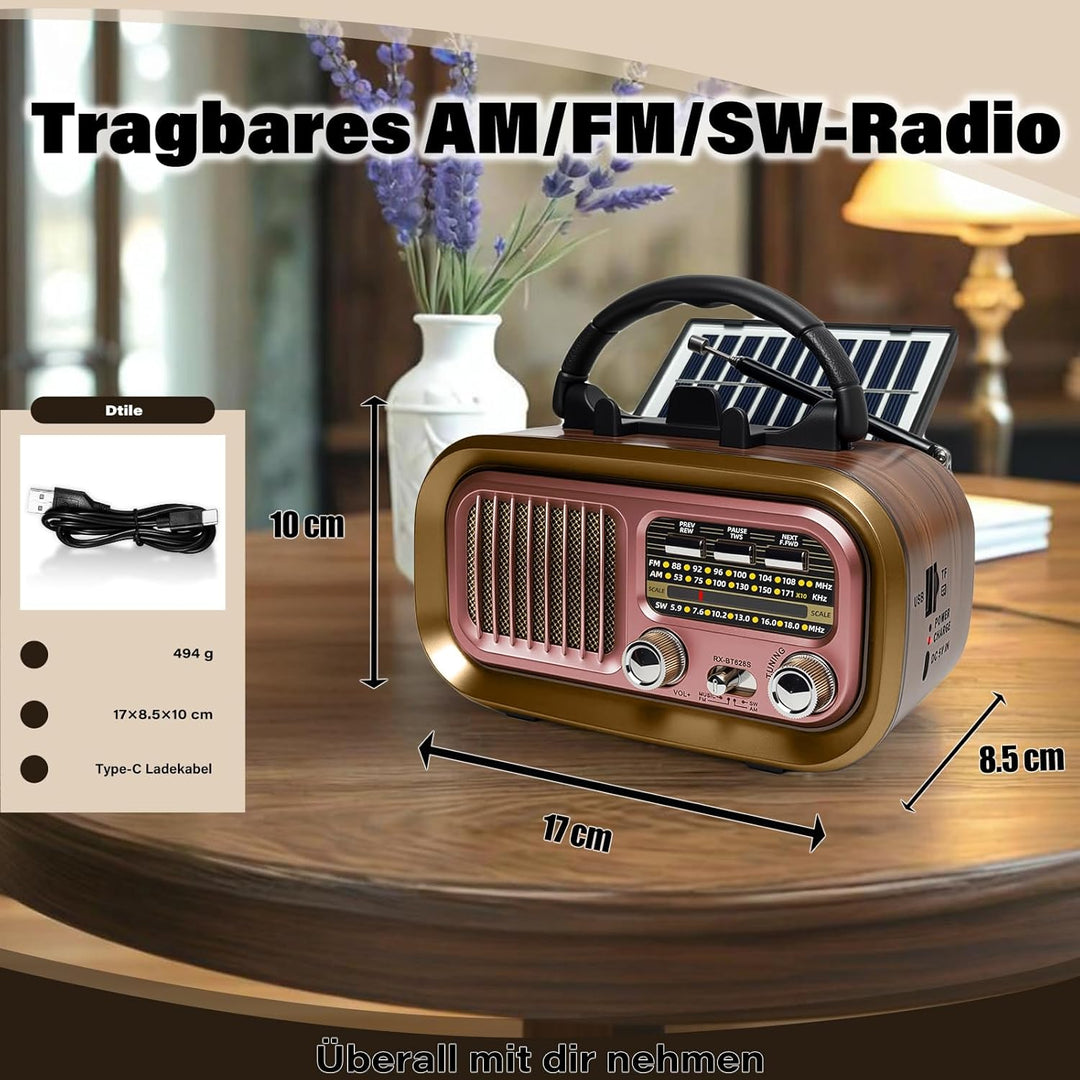 Retro Radio mit mit Solarzelle, AM/FM/SW Klein Radio Batteriebetrieben und Küchenausführung 1200mAh