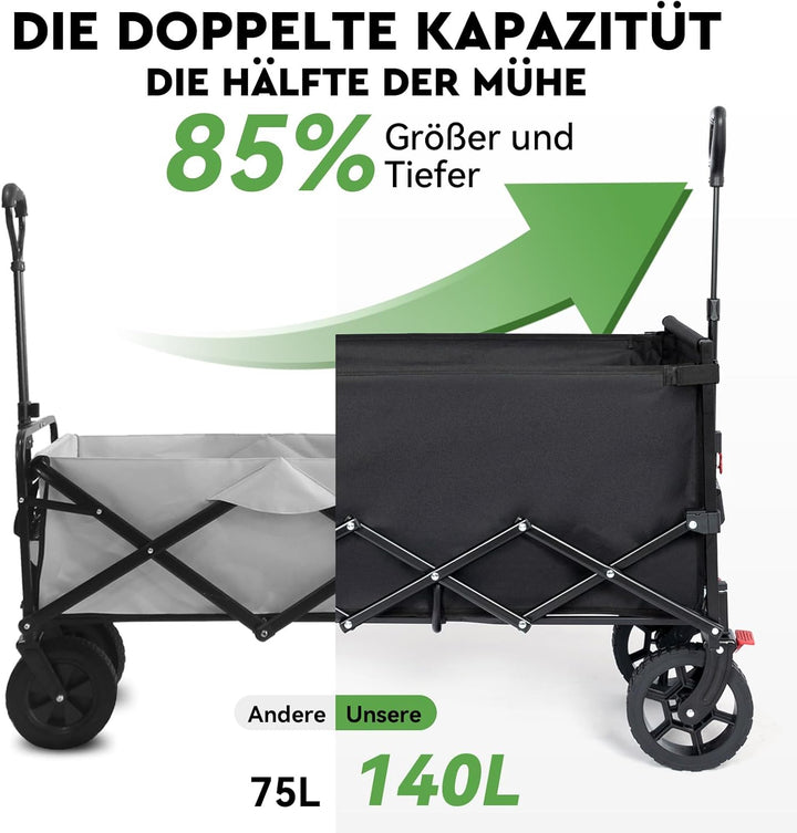 HIKENTURE Bollerwagen Faltbar mit Bremen - 140 Liter Volumen &amp; 150KG belastbar - Extrem Faltbarer Bo