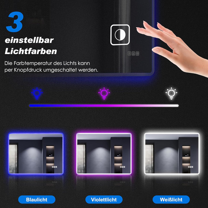 SONNI Badspiegel mit Beleuchtung 80x60 cm, LED Spiegel mit Bluetooth und Touch-Schalter, Dimmbar, Be