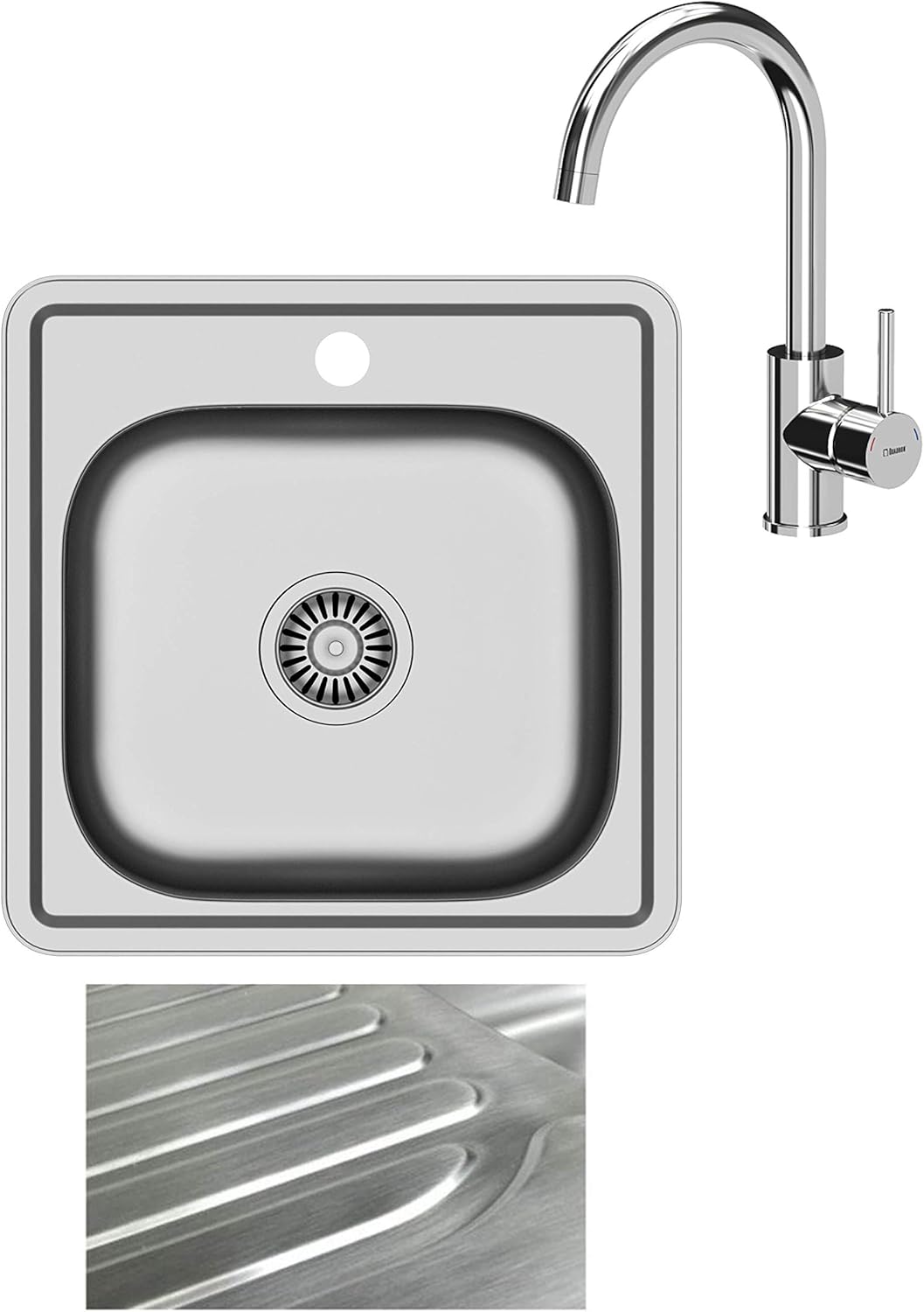 VBChome Einbauspüle mit Armatur 48x48 Satinstruktur ab 45er Unterschrank Edelstahl Küchenspüle Spüle