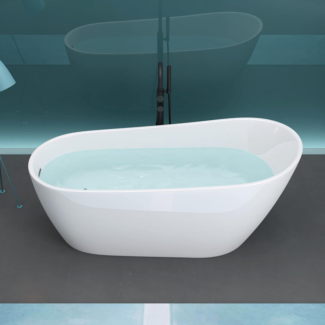 Mai & Mai freistehende Acryl-Badewanne Oval Standbadewanne Weiss inkl. Push-Open Ablaufgarnitur Brei