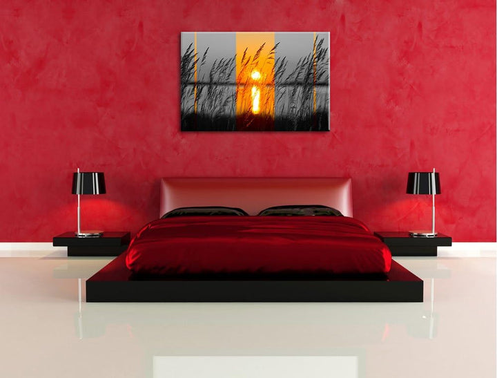 Gräser bei Sonnenuntergang schwarz/weiss Format: 100x70 auf Leinwand, XXL riesige Bilder fertig gera