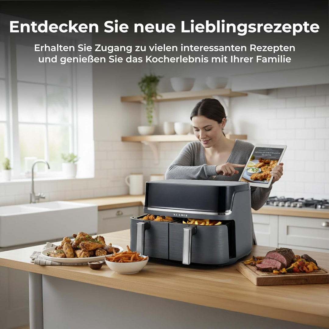 KLAMER Heissluftfritteuse Duo 9 L – Doppelkammer Airfryer mit 2 Körben & Digitaldisplay, 10 Automati