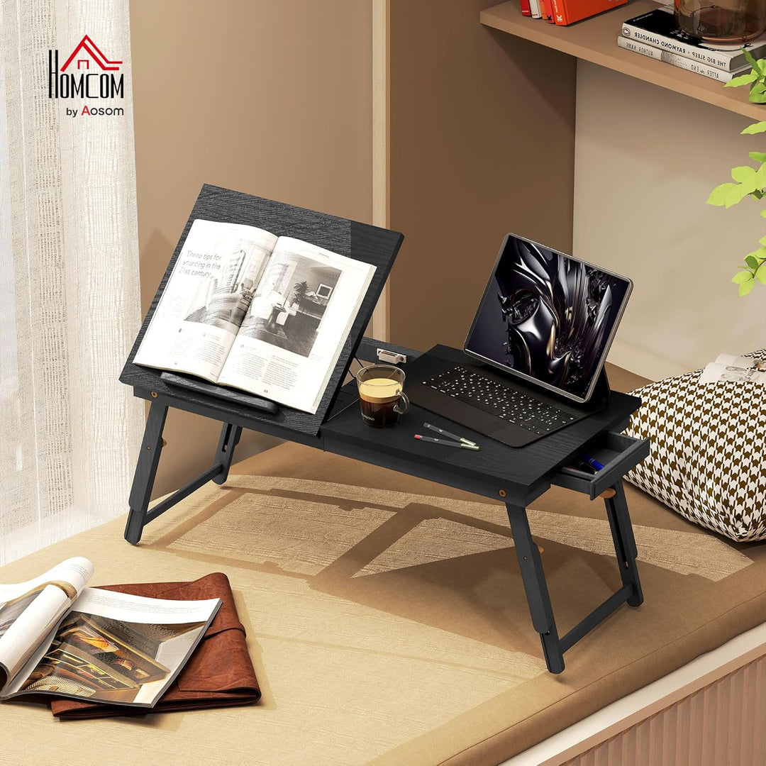 HOMCOM Klappbarer und verstellbarer Betttisch, Laptop-Tisch mit neigbarer Tischplatte, Schublade, Ba