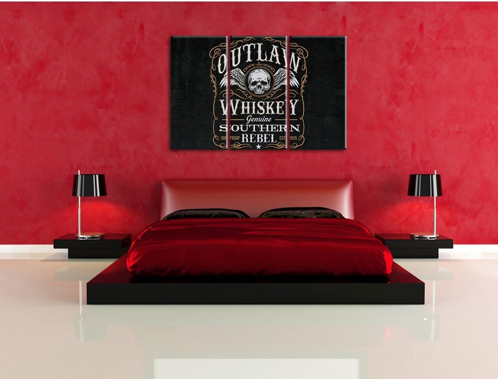 Pixxprint Whiskey Etikett „Outlaw“ schwarz 3-Teiler Leinwandbild 120x80 Bild auf Leinwand