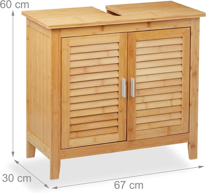 Relaxdays Waschbeckenunterschrank Bambus, HxBxT: 60x67x30 cm, 1 grosses Fach, 2 Türen, magnetisch, B