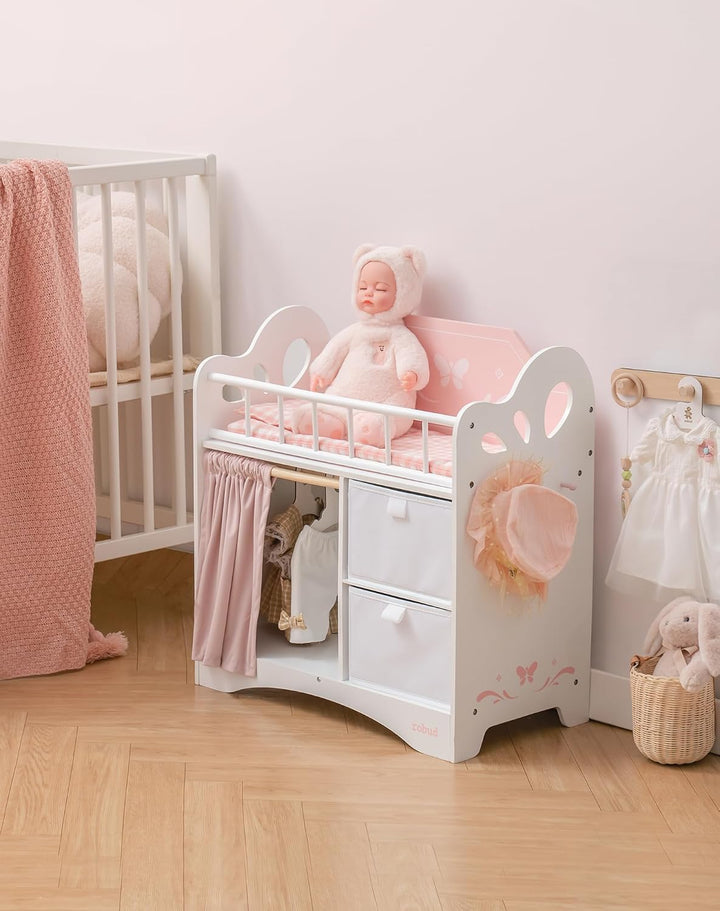 ROBOTIME Holz Puppenbett für Kinder, Baby Puppenbett mit Aufbewahrungsschrank und Bettwäsche, Puppen