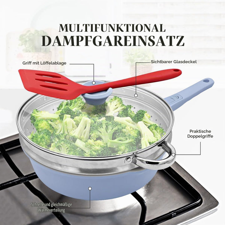 AIKENBBKK Keramik Pfanne 28 cm mit Dampfkorb, Antihaft Keramikbeschichtung Bratpfanne 28 cm mit Deck