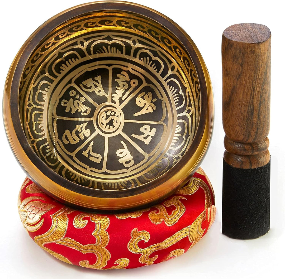 Tibetische Klangschale Set, mit Klöppel und Klangschalenkissen in Loktapapier Geschenk-Box. Singing